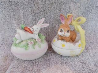 2 Lefton China Easter Egg Bunny Trinket Boxes Hand Painted So Cute