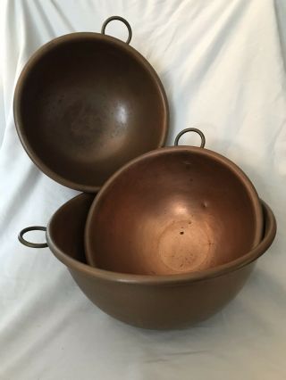 3 Vintage Real Solid Copper Mixing Bowls W/ Brass Ring Handle 2/ 8.  5” & 1/10”