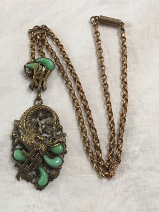 Antique Art Deco 1920s Dragon By Neiger Peking Glass Brass Pendant And Chain