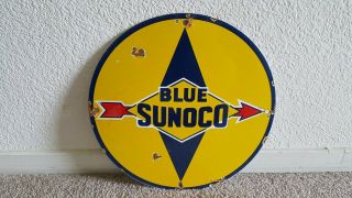 Vintage Blue Sunoco Gasoline Motor Oils 11 3/4 " Porcelain Gas Sign Lubester