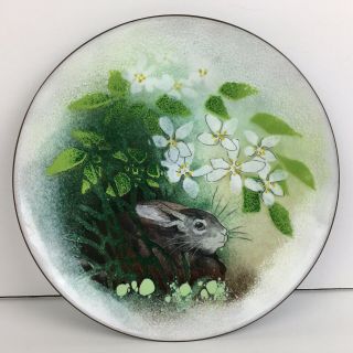 Vintage Norman Brumm Enamel On Copper Bunny Rabbit White Flowers Plate 7”