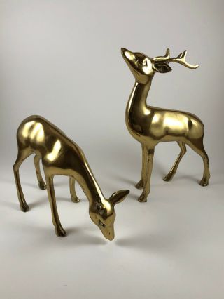 Vintage Mid Century Brass Deer Buck Doe Reindeer Animal Figurine Statue Set Of 2