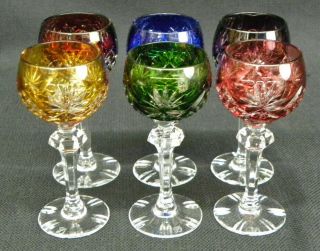 Vintage Set Of 6 Colored Czech Wine Glass Goblets Cut To Clear Fan Bohemian