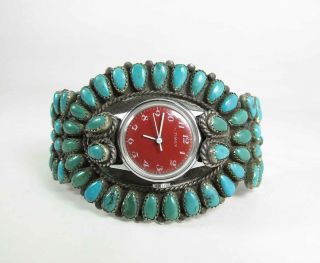 Vintage Navajo Sterling Silver & Petit Point Turquoise Watch Bracelet W/ Watch