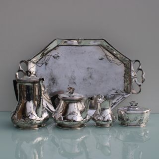 Art Nouveau Silver Plated 5 Piece Tea Coffee Set By Orivit.