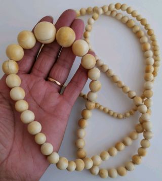 HEAVY ANTIQUE CHINESE CARVED BOVINE BONE GRADUATED BEAD NECKLACE 52 