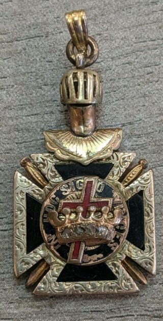 Antique Knights Templar Masonic Gf & Diamonds Enamel In Hoc Signo Vinces Pendant