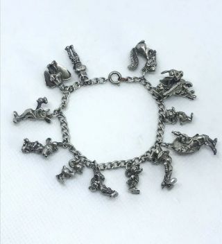 7 " Sterling Silver Charm Bracelet W/ 12 Sterling Disney Character Charms