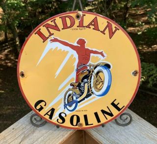 Vintage 1936 Dated Spirit Indian Motorcycle Gasoline Porcelain Enamel Sign