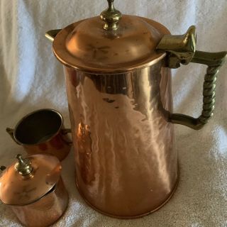 Vintage Colonial Virginia Handmade Hammered Copper Coffeepot Cream Sugar Signed