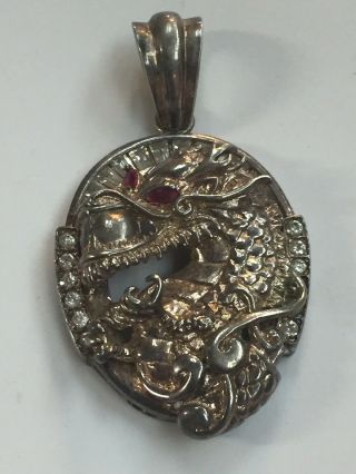 Vintage 925 Sterling Silver Chinese Dragon Large Pendant Ruby And Cz 35 Grams