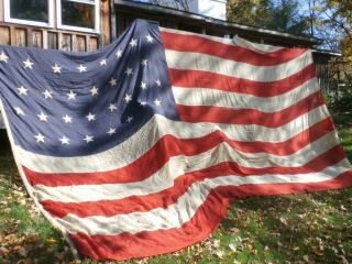 Antique 45 Star Us American Flag Sewn Linen Huge 24 Feet X 14 1/2 Feet