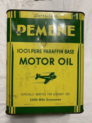 Vintage Early Pemene Aircraft 2000 Mile Airplane Motor Oil Can 2 Gallon