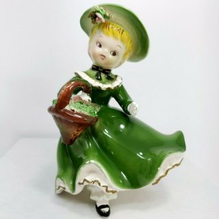 5 " Vintage Ceramic Figurine Girl With Basket Apples Green Dress