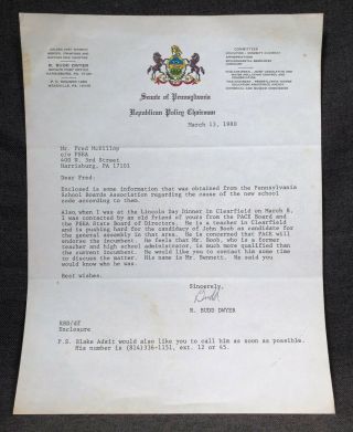 1980 R.  Budd Dwyer Signed Letter Live Tv Suicide Pennsylvania Senate Chairman