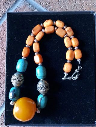 Moroccan Berber Tuareg Tribal North African Amber & Turquoise Tagmoute Necklace