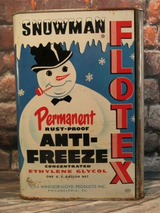 Vintage 1954 Flotex Anit - Freeze Snowman Tin Can Litho 1 Gallon Size - Empty Htf