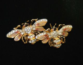 Vtg Coro Craft Sterling Enamel Rhinestone Bee Duette Brooch - Fur Clips - Bee Pins