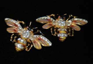 Vtg CORO CRAFT STERLING Enamel Rhinestone Bee Duette Brooch - Fur Clips - Bee Pins 2