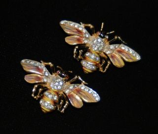 Vtg CORO CRAFT STERLING Enamel Rhinestone Bee Duette Brooch - Fur Clips - Bee Pins 3