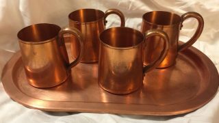 Vintage West Bend Wb Solid Copper Set 4 Mugs,  Oval Tray Moscow Mule Metal