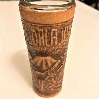 Tequila Shot Glass With " Guadalajara " Etched On A Leather Wrap,  4 Inches Tall.