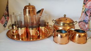 Vintage Coppercraft Guild Copper Tea Pot Wood Handle,  Cream & Sugar & Much More