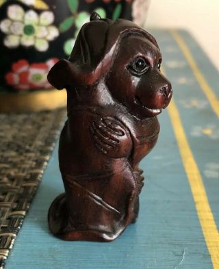 Tanuki Racoon Dog Wrapped In Lotus Plant Signed Carved Netsuke