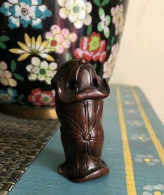 Tanuki Racoon Dog Wrapped In Lotus Plant Signed Carved Netsuke 3