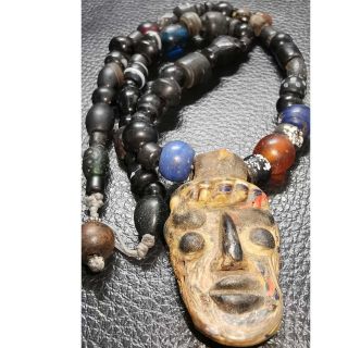 Phoenician Antique Old Rare Glass Beads Necklace With Face Pendant 55