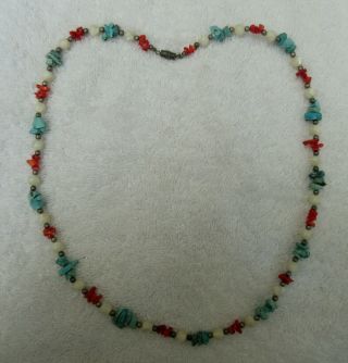 Sterling - Turquoise - Coral & Quartz Necklace - - Nr