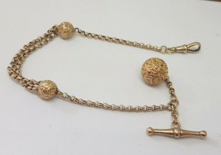 Antique Solid 9k Gold Albert Pocket Watch Chain With Ball Fob 10.  8 G.