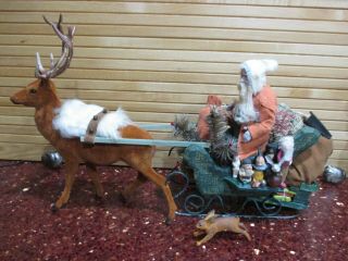 Norma Decamp Vintage Miniature Santa Sleigh Pulled By Deer With Card