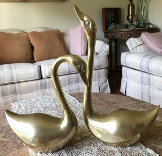 Large Vintage Mid Century 17” Male & 12” Female Brass Swans Geese Goose