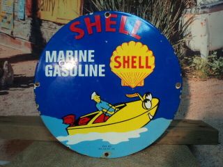Old 1951 Shell Marine Gasoline Porcelain Gas Pump Sign Great Colors Boat Sea