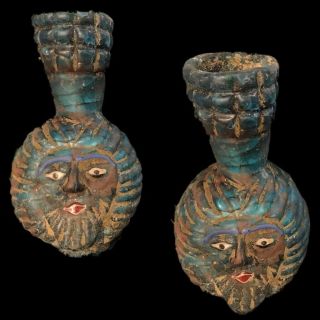 Very Rare Phoenician Face Decorative Dark Blue Glass Bottle 300 Bc (1)