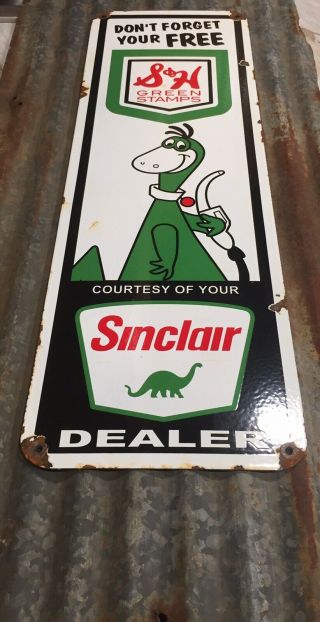 Sinclair Dino S&h Green Stamps Large Heavy Enamel Porcelain Pump Gas Oil Sign