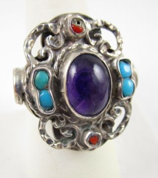 Matilda Poulat Matl Salas Mexican Sterling Silver Amethyst Turquoise Coral Ring