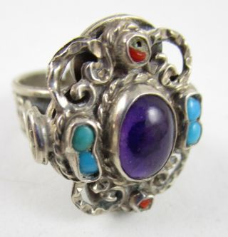 MATILDA POULAT MATL SALAS MEXICAN STERLING SILVER AMETHYST TURQUOISE CORAL RING 2