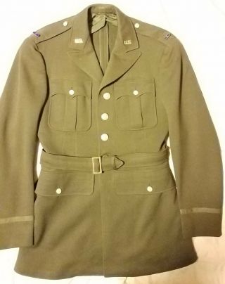 WW2 AAC Officer ' s Wool Regulation Green Dress Field Jacket,  PINS,  Tan Shirt 3
