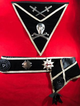 Antique Masonic Ames Knights Templar Apron And Baldric,  Skull And Crossed Bones