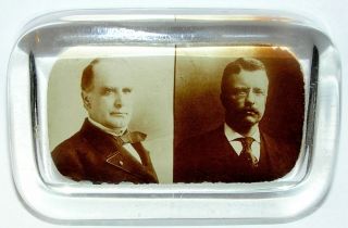 Rare President Theodore Roosevelt William Mckinley Photo Glass Paperweight Teddy