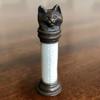 An Unusual Antique White Metal And Enamel Seal,  Cat With Green Eyes,  C.  1880.