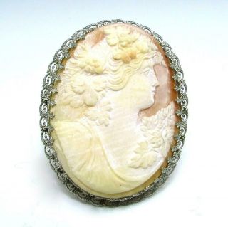Vintage 14k White Gold Carved Shell Cameo Pierced Bezel Brooch Pin / Pendant