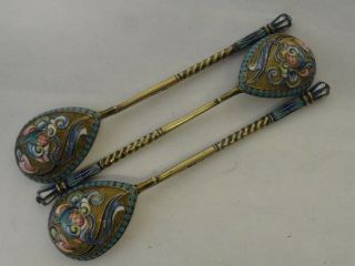 Set Of 3 Antique Russian Silver 84 Cloisonne Enamel Spoons By Nikolay Zverev