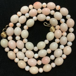 Vtg Angel Skin Pink Coral Necklace Oval Round 14k Yellow Gold Clasp 22”