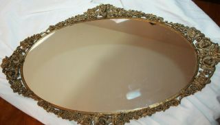 Vintage Globe Gold Metal Mirror Vanity/perfume Tray W/ornate Roses Ormolu 22x13