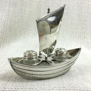 Art Deco Christofle Silver Plated Cruet Sailboat Ship Crystal Salt And Pepper