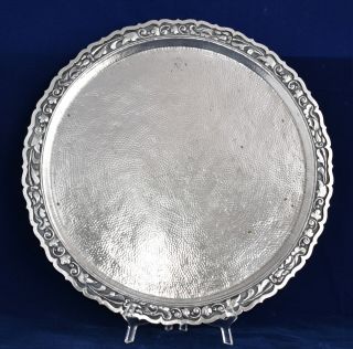 660g Heavy Vintage 800 Silver Tray / Salver - Hammered With Repousse Band 32.  2cm
