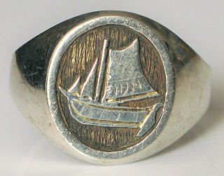 Vintage Sterling Silver Nordic Viking Ship Ring Nautical Ireland Dublin Hallmark